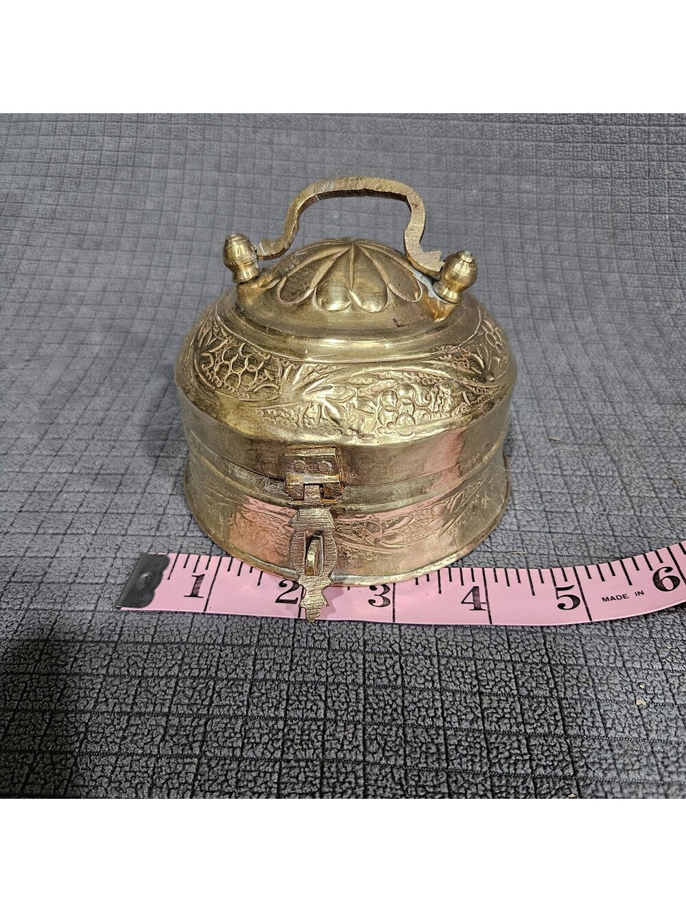 Vintage Hammered Brass Jewelry Box Hand Tooled Flower & Vine Design